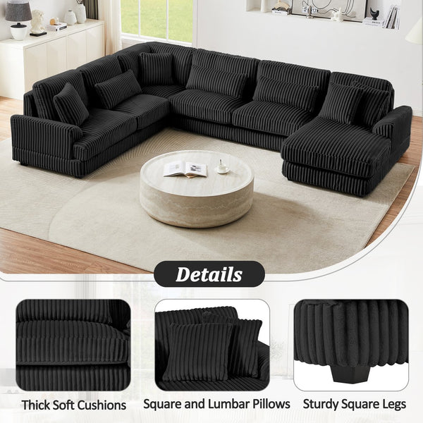English Elm 129" Oversized Sectional Sofa U-Shaped Corduroy Chaise Lounge with Curved Armrests Plush Foam Comfort Black N719S001690B