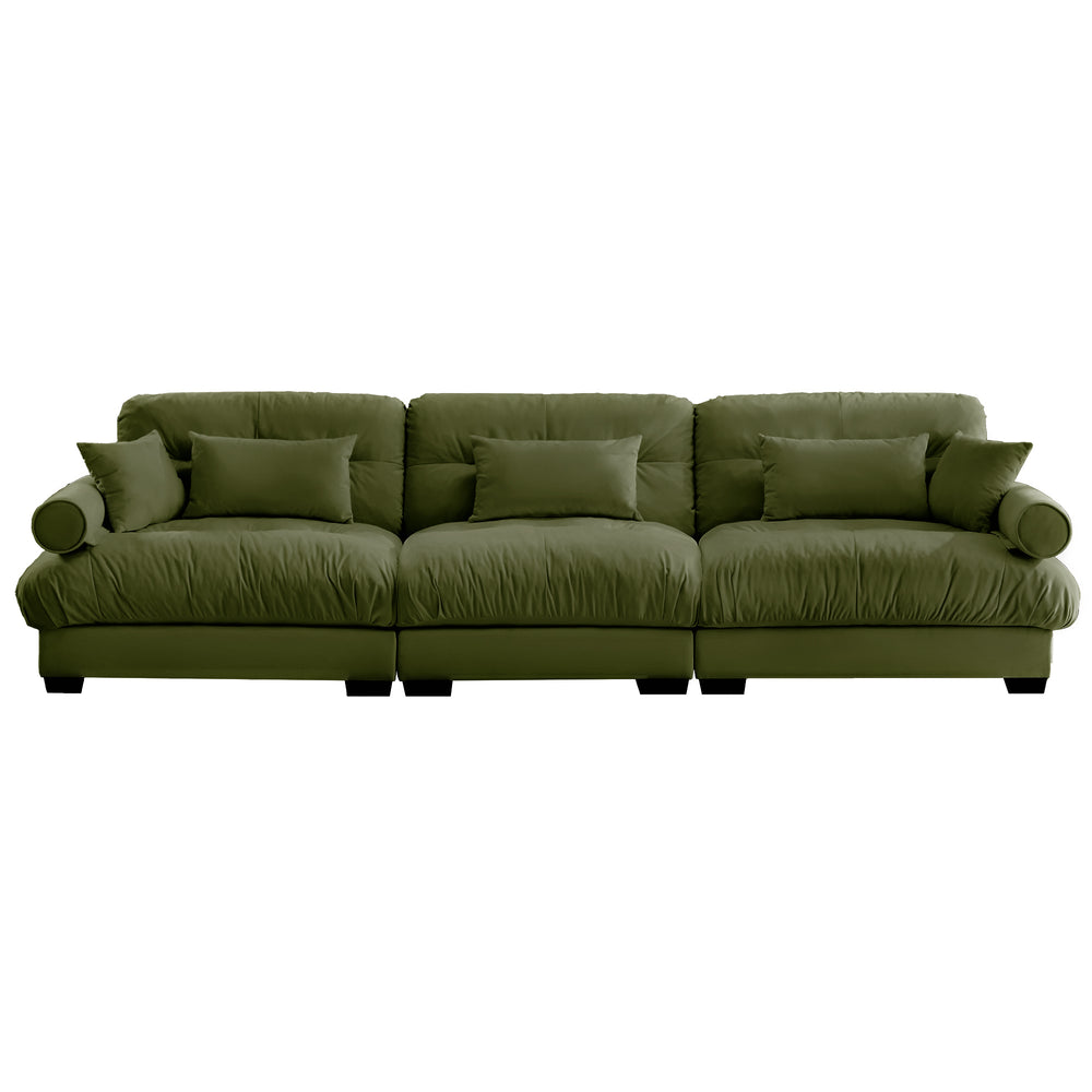 English Elm Extra oversized 3-seat velvet sofa with cloud-like cushions, deep seating, bolster arms and pillows for luxe comfort and support Olive Green W714S01107