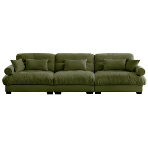 English Elm Extra oversized 3-seat velvet sofa with cloud-like cushions, deep seating, bolster arms and pillows for luxe comfort and support Olive Green W714S01107