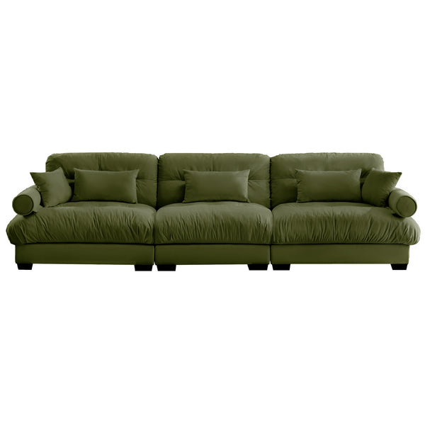 English Elm Extra oversized 3-seat velvet sofa with cloud-like cushions, deep seating, bolster arms and pillows for luxe comfort and support Olive Green W714S01107