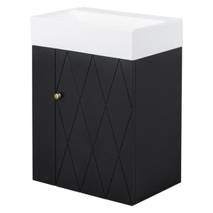 English Elm 20 Modern Wall-Mounted Bathroom Vanity with Ceramic Sink, Diamond Door, Gold Handles & Shelves — Compact Black N725P314033B