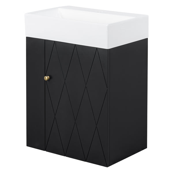 English Elm 20 Modern Wall-Mounted Bathroom Vanity with Ceramic Sink, Diamond Door, Gold Handles & Shelves — Compact Black N725P314033B