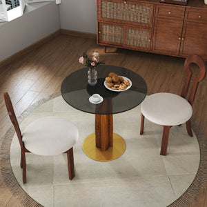 English Elm Modern Round Dining Table - 33.5" Tempered Glass Top With Elegant Wooden Legs & Gold Base, 2-Person W1535S00604