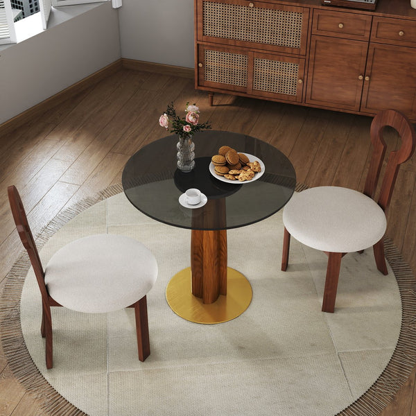English Elm Modern Round Dining Table - 33.5" Tempered Glass Top With Elegant Wooden Legs & Gold Base, 2-Person W1535S00604