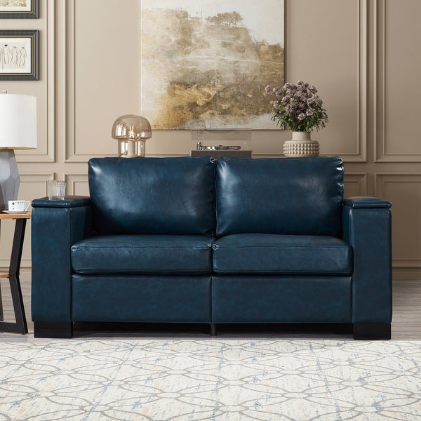 English Elm 67.7" Modern Loveseat Sofa with Cup Holders and Hidden Storage, Polyester Upholstery, Solid Wood Frame Navy Blue W1097S00200