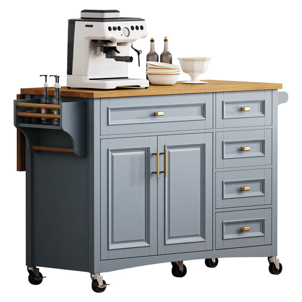 English Elm K&k Farmhouse Rolling Kitchen Island Oak Veneer Top with Drop Leaf and Storage Drawers Blue+Grey N707S195393G