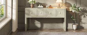 English Elm [video] Art Deco Console Table Geometric Carved Fronts Fluted Legs 3 Soft-close Drawers Natural N759P433572N