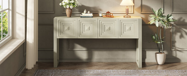 English Elm [video] Art Deco Console Table Geometric Carved Fronts Fluted Legs 3 Soft-close Drawers Natural N759P433572N