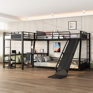 English Elm L-shaped Metal Triple Bunk Bed with Slide Desk Shelves Sleep Study Play Zone W1580S00280