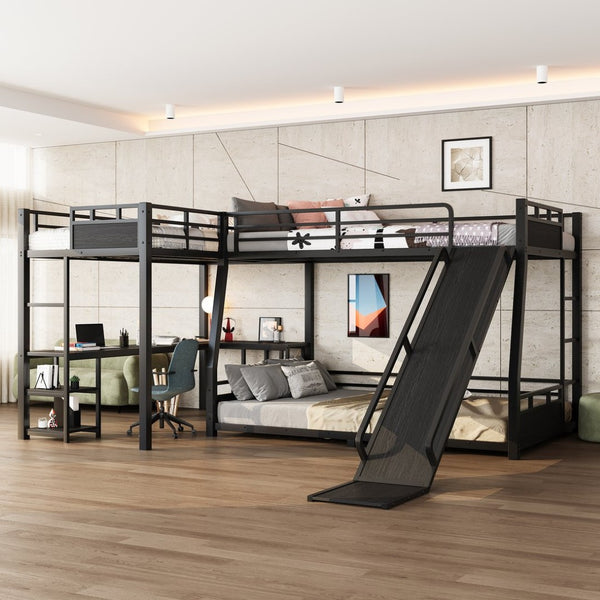English Elm L-shaped Metal Triple Bunk Bed with Slide Desk Shelves Sleep Study Play Zone W1580S00280