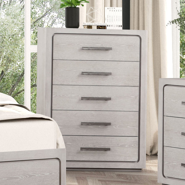 English Elm Unique Contemporary Chest with Cultured Stone Top, Reeded Panels, Silver Accents, Dovetail Drawers and Chrome Legs White Oak 22 L x 41 W x 56 H B2741P370872