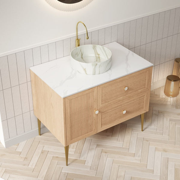 English Elm Dina Floating Bathroom Vanity Sintered Stone Top Glass Basin Striped Plywood Cabinet W2615S00477