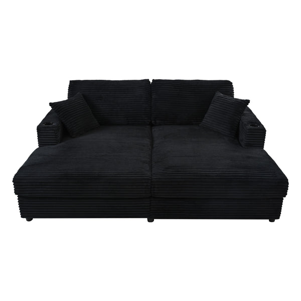 English Elm 86.5" Oversized Loveseat Chaise Lounge Sectional Sofa Bed Corduroy with USB Ports, Cup Holders & Pillows Black N719P232602B