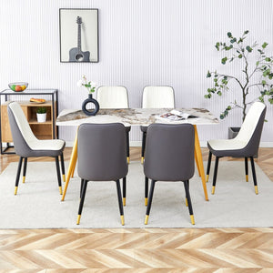 English Elm Table Set: Modern Minimalist Dining With White Imitation Marble Top & 6 Ergonomic Pu Chairs, Gold & Black W1151S01670-GIGA