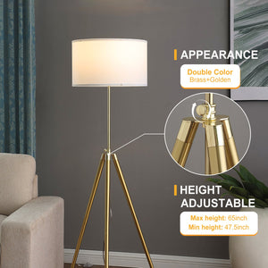 English Elm 64" Adjustable 47–64"H Brass & Shiny Gold Mid-Century Tripod Floor Lamp with White Linen Shade, Dimable Look B072P220162