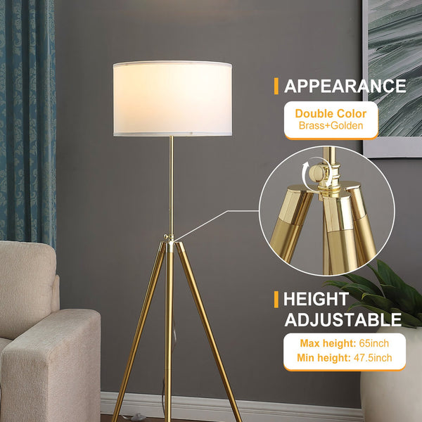 English Elm 64" Adjustable 47–64"H Brass & Shiny Gold Mid-Century Tripod Floor Lamp with White Linen Shade, Dimable Look B072P220162