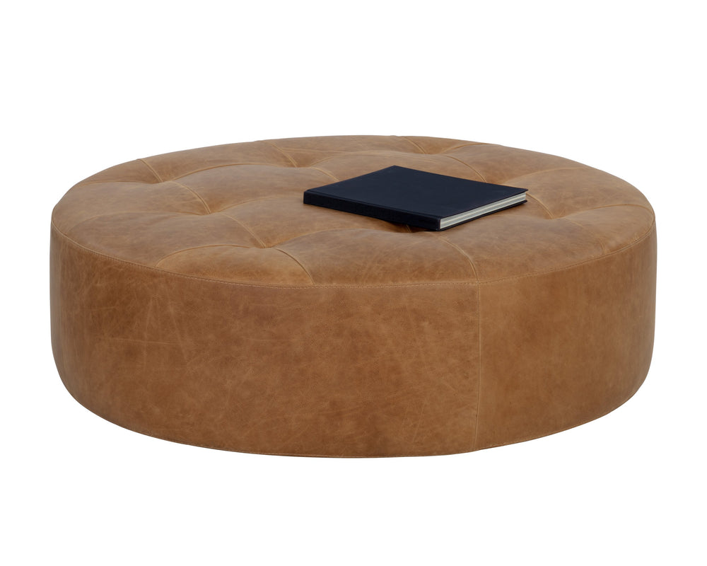 Sunpan Nilda Ottoman - Luxurious Italian Round Leather Seat with Tufted Top & Solid Wood Base - Camel Color