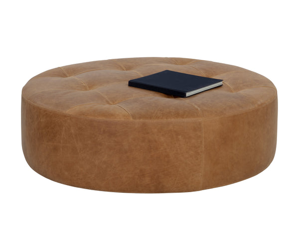 Sunpan Nilda Ottoman - Luxurious Italian Round Leather Seat with Tufted Top & Solid Wood Base - Camel Color