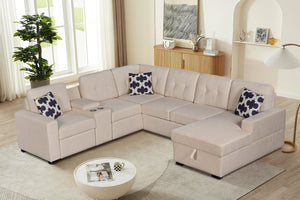 English Elm Multifunctional Modular Sectional Sofa with Hidden Storage Cup Holders and Flexible Seating Beige B2730S00074