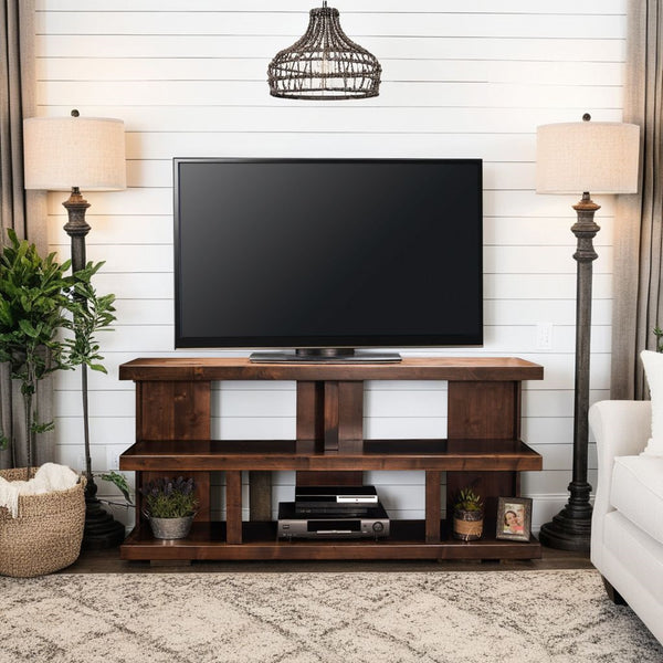 English Elm 64 Inch Whiskey Finish TV Console for TVs up to 70" — Knotty Alder, Distressed Urban Rustic Look, Fully Assembled B108P160187