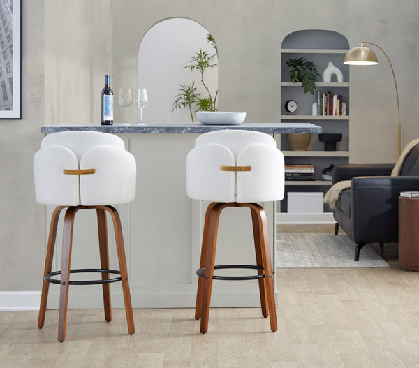 English Elm Fixed-height Mid-century Barstools with Walnut Legs and Grey Upholstered Seats Set Cream B202S01905