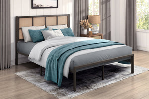 English Elm 1pc Full Platform Bed Metal Frame Bronze Finish Faux Cane Headboard Coastal Bedroom B011P214031
