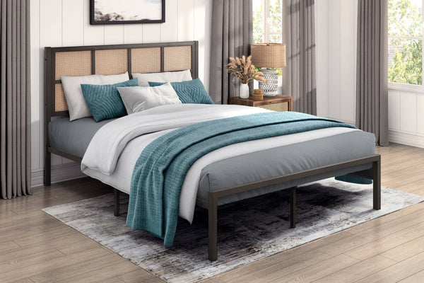 English Elm 1pc Full Platform Bed Metal Frame Bronze Finish Faux Cane Headboard Coastal Bedroom B011P214031