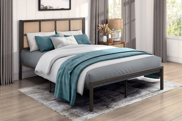 English Elm 1pc Queen Platform Bed Sanibel Metal Frame with Faux Cane Headboard Dark Finish Coastal Chic Design Bronze 66 L x 25 W x 3.75 H B011P214030