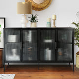 English Elm Stylish 4-Door Tempered Glass Cabinet With 4 Glass Doors Adjustable Shelf and Feet Anti-Tip Dust-Free Fluted Glass Kitchen Credenza Black