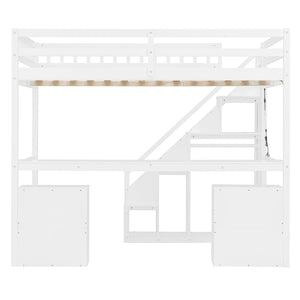 English Elm Full Size Loft Bed with Desk Drawers Led Strip and Staircase for Teen Rooms White LT000258AAK-1