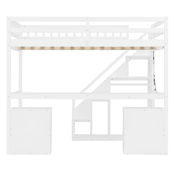 English Elm Full Size Loft Bed with Desk Drawers Led Strip and Staircase for Teen Rooms White LT000258AAK-1