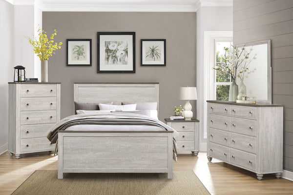 English Elm Transitional Nashville Queen Panel Bed – Two-Tone Antique White & Brown Rustic Melamine Finish, Classic Bedroom Anchor B011S01164