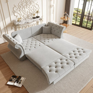 English Elm 83.8" Chesterfield Sleeper Sofa Velvet Upholstered with Flower Tufting for Living Room Light Grey W1885S00401