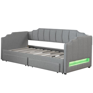 English Elm Twin Extendable Upholstered Daybed with Two Storage Drawers, LED Light, Slat Kit Included for Guests Gray N7500002061E