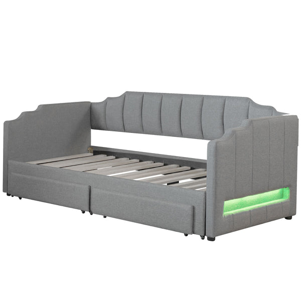English Elm Twin Extendable Upholstered Daybed with Two Storage Drawers, LED Light, Slat Kit Included for Guests Gray N7500002061E