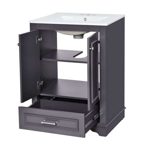 English Elm 24'' Bathroom Vanity with Ceramic Sink Combo Modern Freestanding MDF Cabinet with Soft-Close Doors and Sleek Silver Handles for Spacious Organized Bathroom Storage Blue Gray N710P194893C