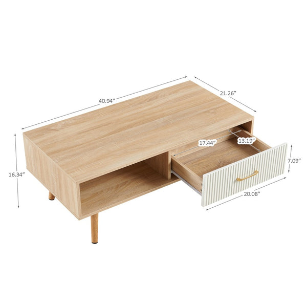 English Elm Rectangle Coffee Table With Solid Wood Legs, Hidden Drawer & Modern Design For Clutter-Free Living W1265P230629-GIGA