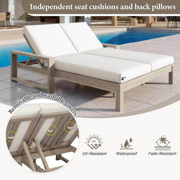 English Elm Trexm Outdoor Acacia Wood Double Chaise Lounge with Adjustable Backrests and Cushions Grey TM000031AAE