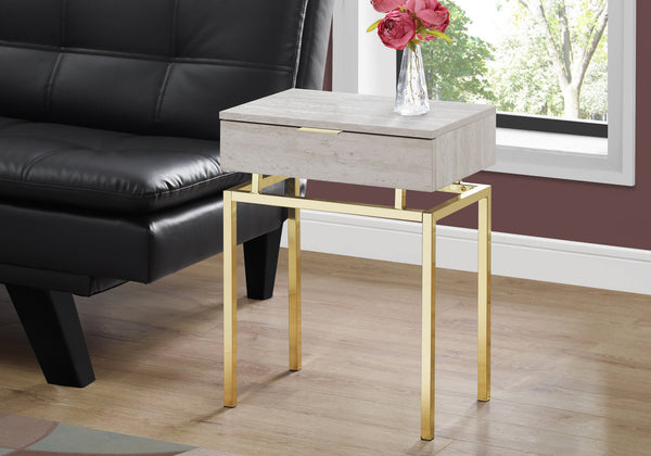 English Elm Accent Table With Beige Marble-Look Top And Gold Metal Base - Modern Side, End, Nightstand Table B2710P219292