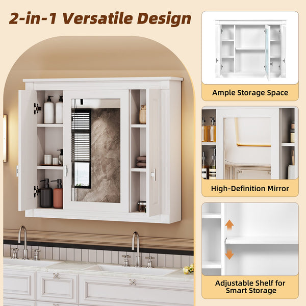 English Elm Bathroom Wall Cabinet with Mirror and 5 Shelves — Wall-Mounted Medicine Cabinet, Modern Storage Solution White N710P252503K