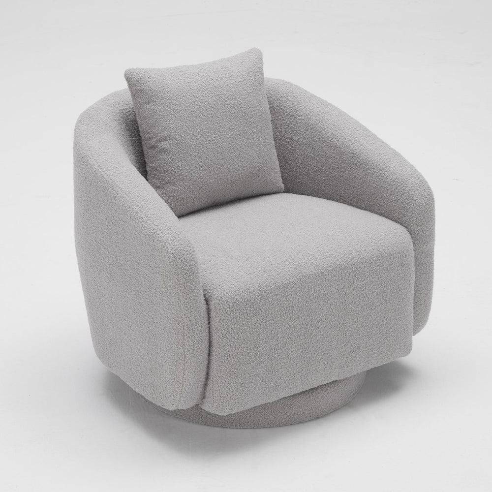 English Elm Swivel Barrel Armchair in Teddy Fabric with Lumbar Pillow and Solid Wood Legs Gray T3623P430693