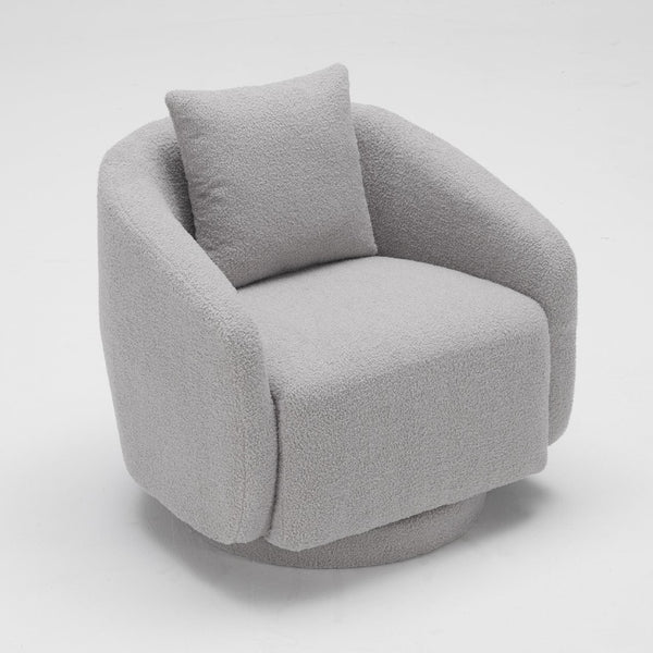 English Elm Swivel Barrel Armchair in Teddy Fabric with Lumbar Pillow and Solid Wood Legs Gray T3623P430693