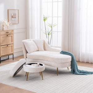 English Elm 58'' Chenille Chaise Lounge with Footstool Pocket Spring Comfort for Bedroom Living Room Beige W2363S00087