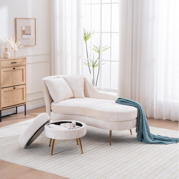 English Elm 58'' Chenille Chaise Lounge with Footstool Pocket Spring Comfort for Bedroom Living Room Beige W2363S00087