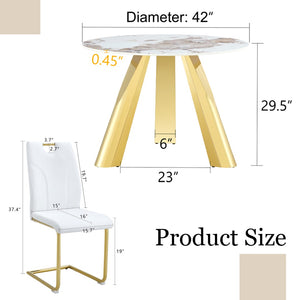 English Elm Table 7-Piece Dining Set: 42-Inch White Imitation Marble Round Table With 6 Gold-Leg Chairs W2920S00050-GIGA