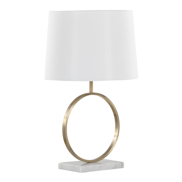 English Elm Moon Contemporary Table Lamp White Marble Base & Gold Frame with Linen Shade – Modern Desk Accent B202P224219