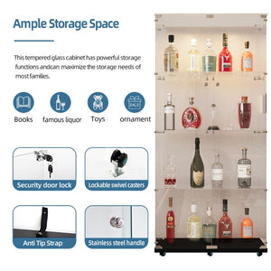 English Elm Tempered Glass Display Cabinet With Bluetooth Led Lighting, Swivel Casters, Versatile Storage Solutions W3155S00003-GIGA