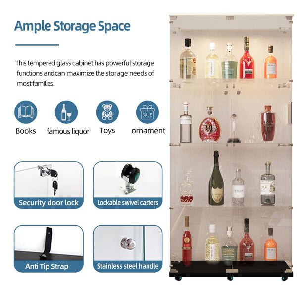 English Elm Tempered Glass Display Cabinet With Bluetooth Led Lighting, Swivel Casters, Versatile Storage Solutions W3155S00003-GIGA
