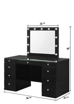 English Elm 1pc Glam Makeup Vanity Table with Glass Top and 9 Drawers Knobs – Sleek Wooden Bedroom Furniture Black 59.96 L x 25.87 W x 2 H B2741S00133