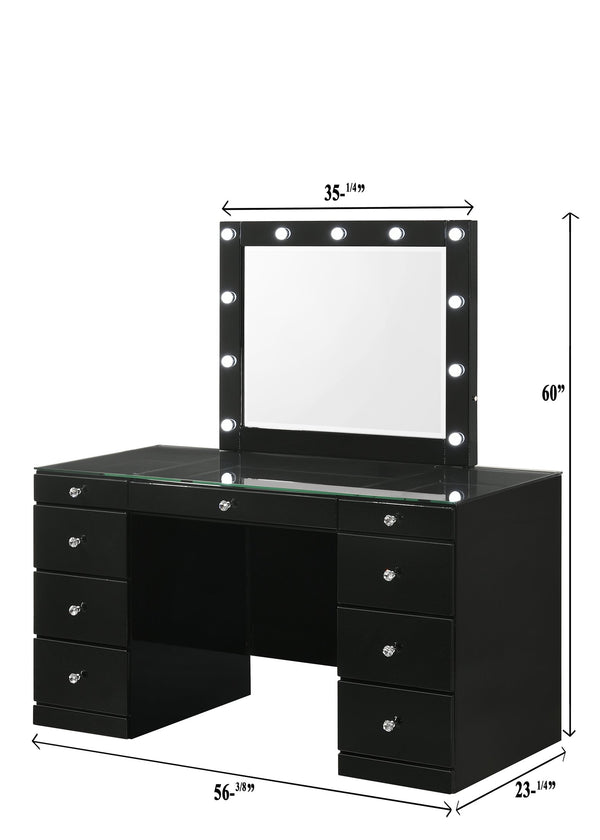 English Elm 1pc Glam Makeup Vanity Table with Glass Top and 9 Drawers Knobs – Sleek Wooden Bedroom Furniture Black 59.96 L x 25.87 W x 2 H B2741S00133